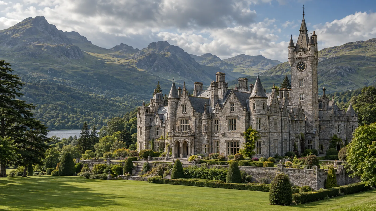 A Scots-baronial style castle with a clock tower in a green Welsh valley, mountains behind