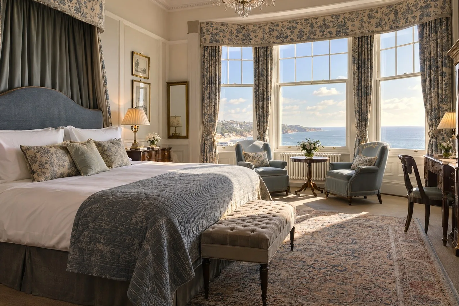 An elegant grand hotel suite bedroom with a sea view over the English coastline