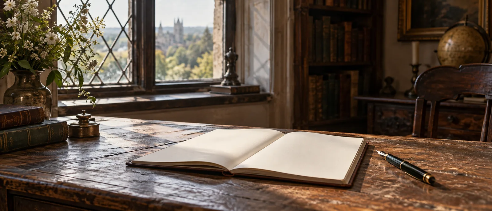 An old wooden writing desk with a fountain pen and open notebook beside a leaded window