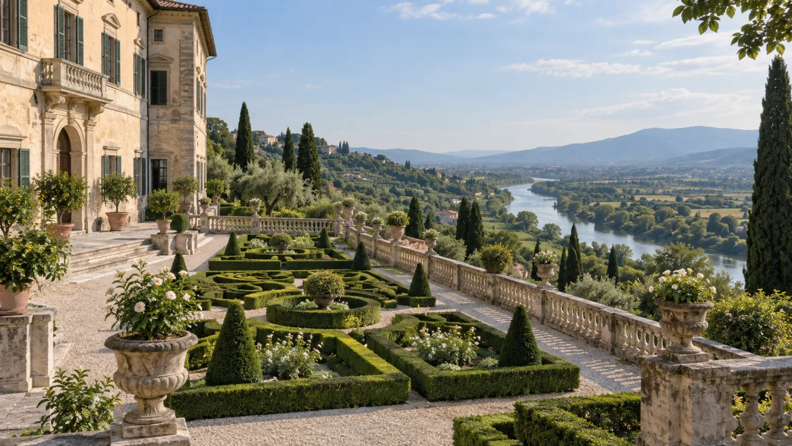 A grand Italianate country house terrace with formal parterre gardens overlooking a river valley