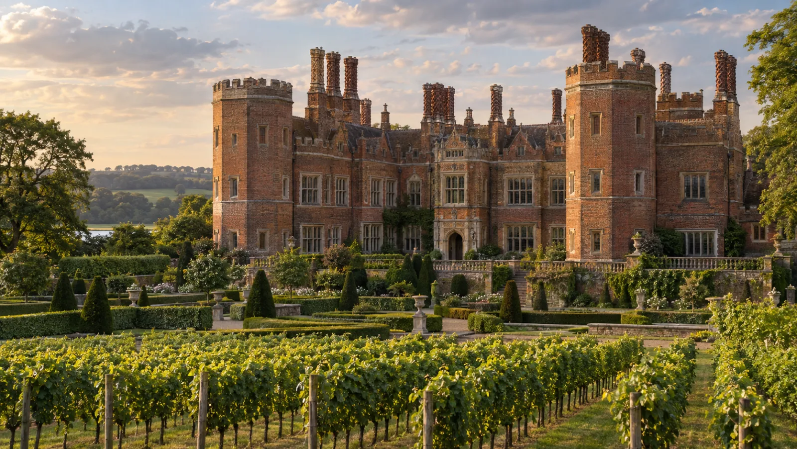 A Tudor red-brick castle with octagonal towers and ornate chimneys, formal gardens and vineyard rows in front