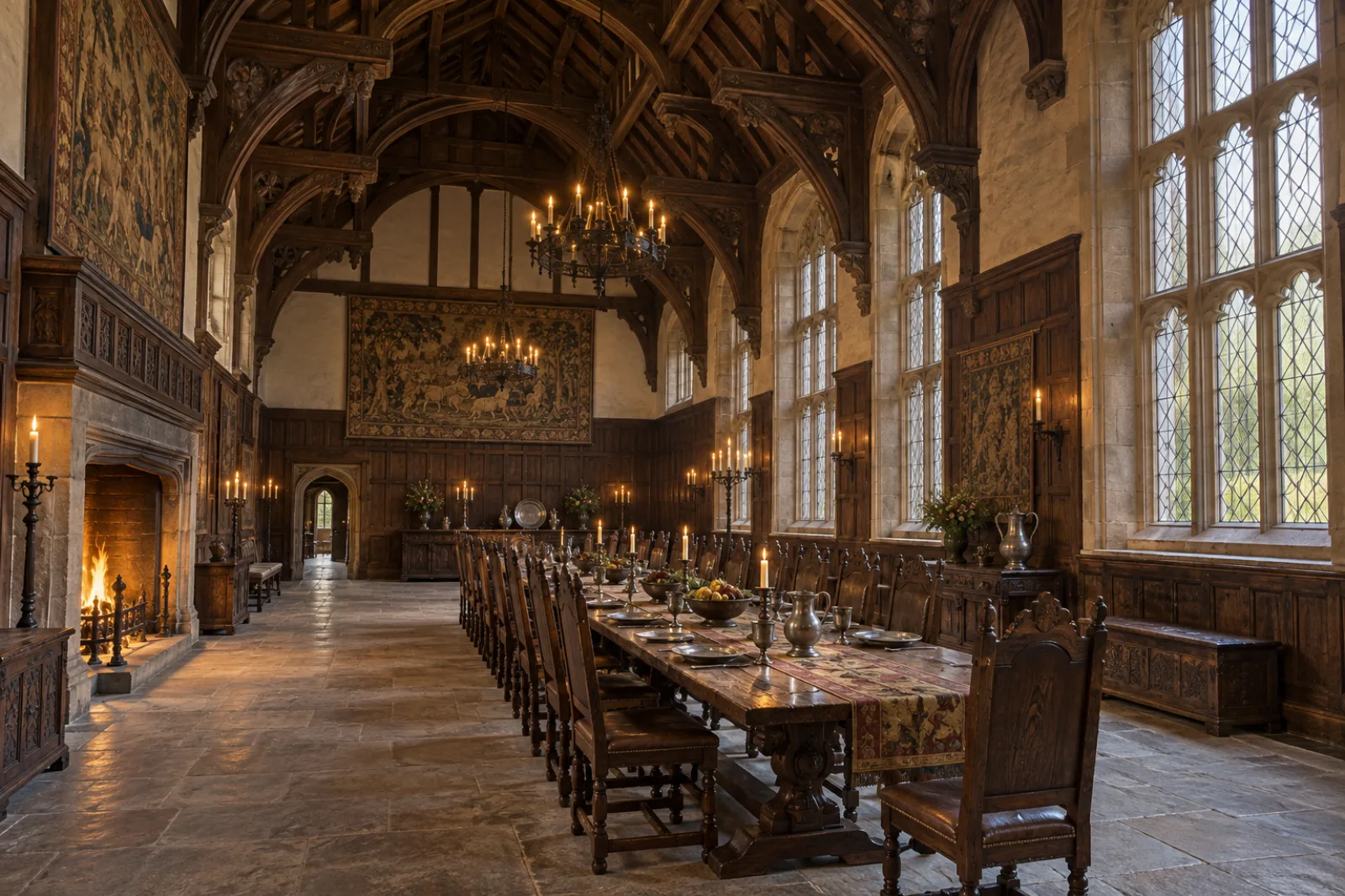 A grand Tudor-era great hall interior with a vaulted timber ceiling, a long dining table, and tall leaded windows