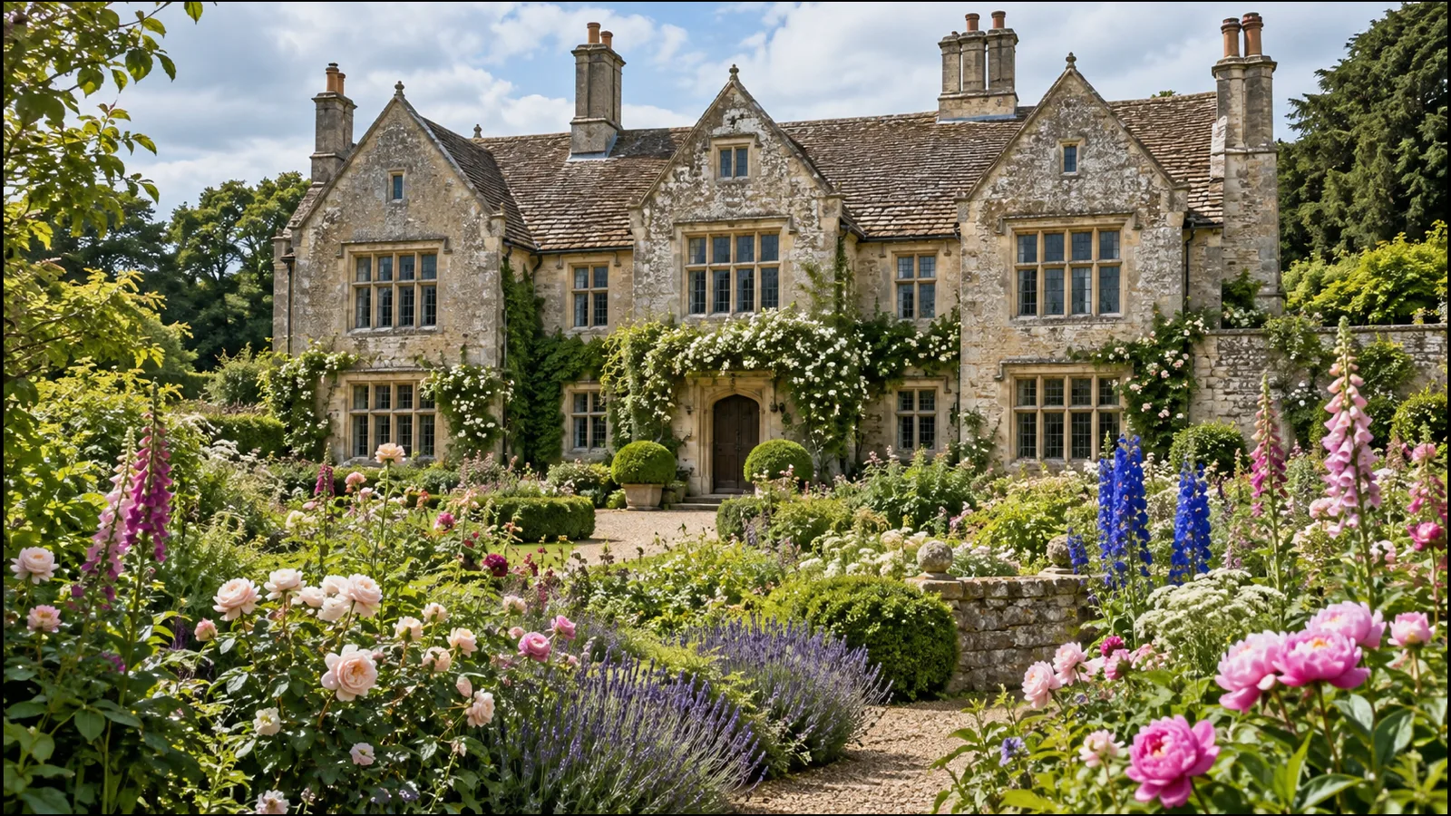 A two-storey Elizabethan stone manor house behind a lush English cottage garden in full bloom