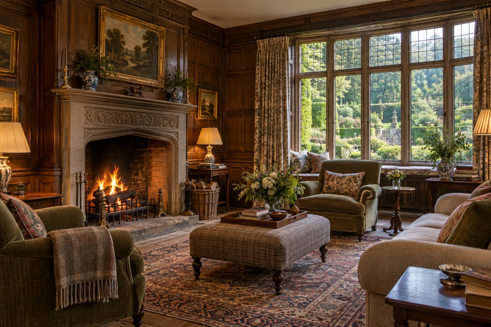 A cosy oak-panelled manor sitting room with a fireplace, deep armchairs and mullioned windows overlooking a garden