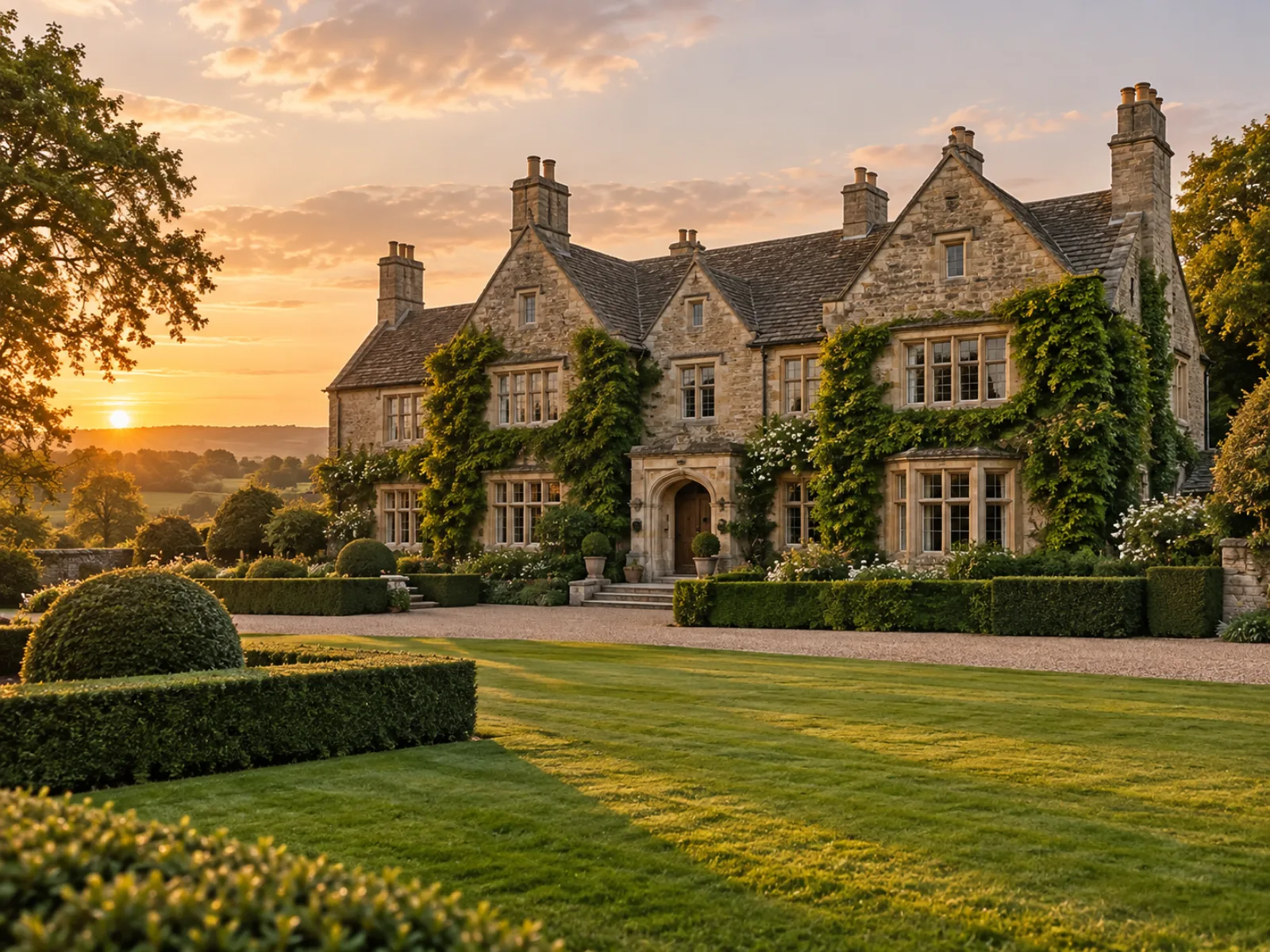 An ivy-covered English stone country house at golden hour, manicured lawns and clipped hedges in the foreground