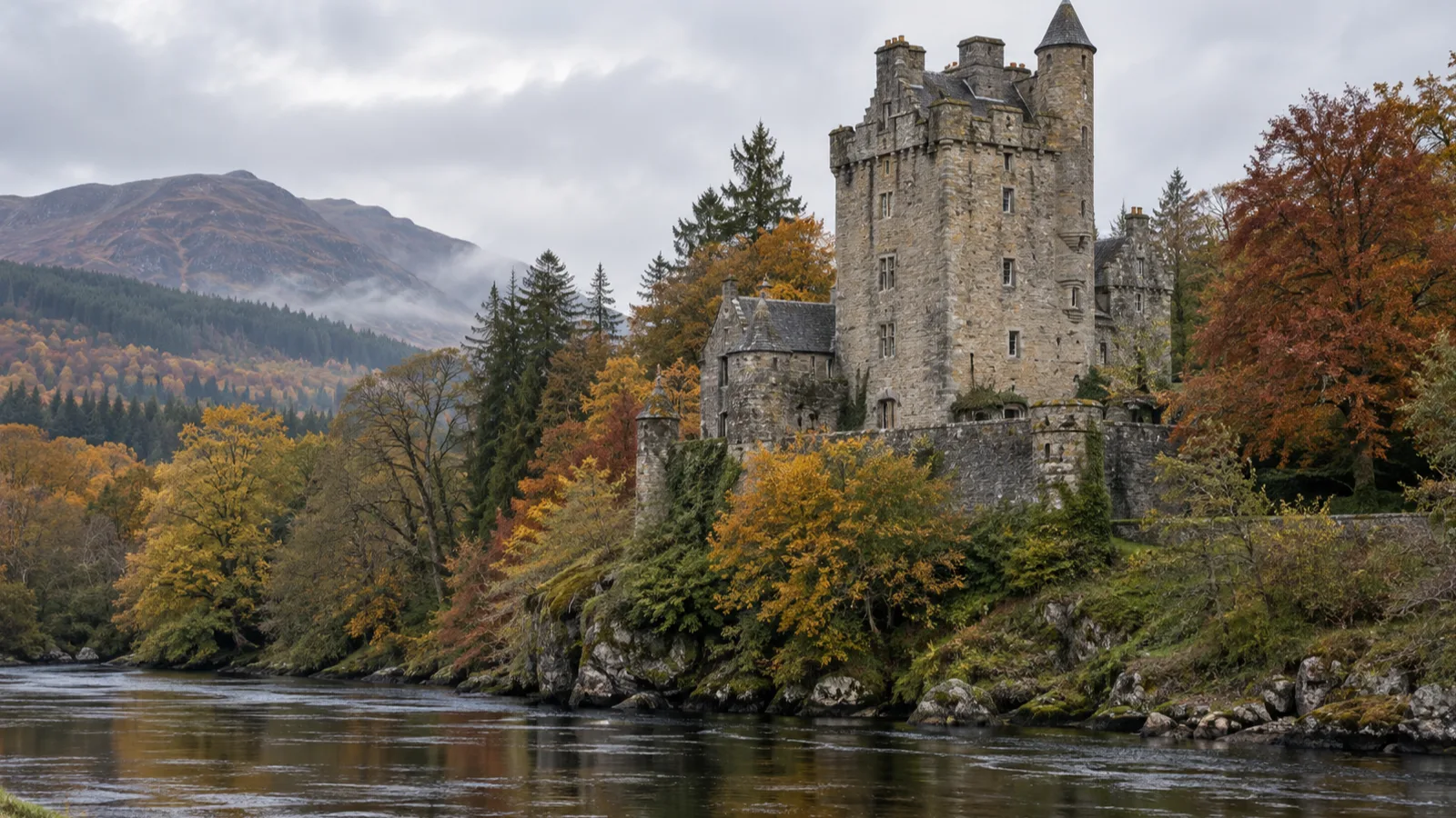 A fortified stone Scottish tower-house castle on a wooded riverbank, autumn colour in the trees