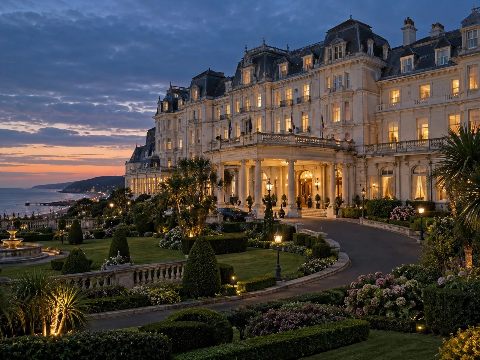 A grand Edwardian seafront resort hotel on the English south coast lit up at dusk, formal gardens in front