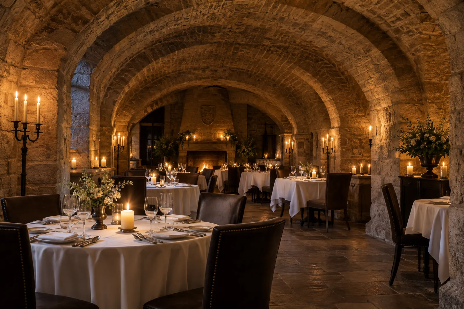 A vaulted stone dungeon converted into a candlelit fine-dining restaurant, arched stone ceiling overhead