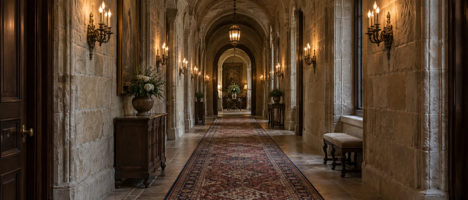 A softly lit historic hotel corridor with stone walls, a runner rug and antique wall sconces