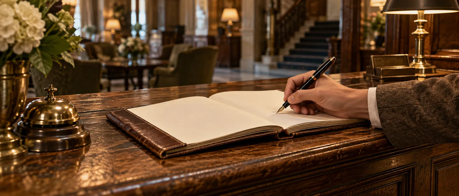 A hand writing in a leather-bound guest book on an antique wooden reception desk