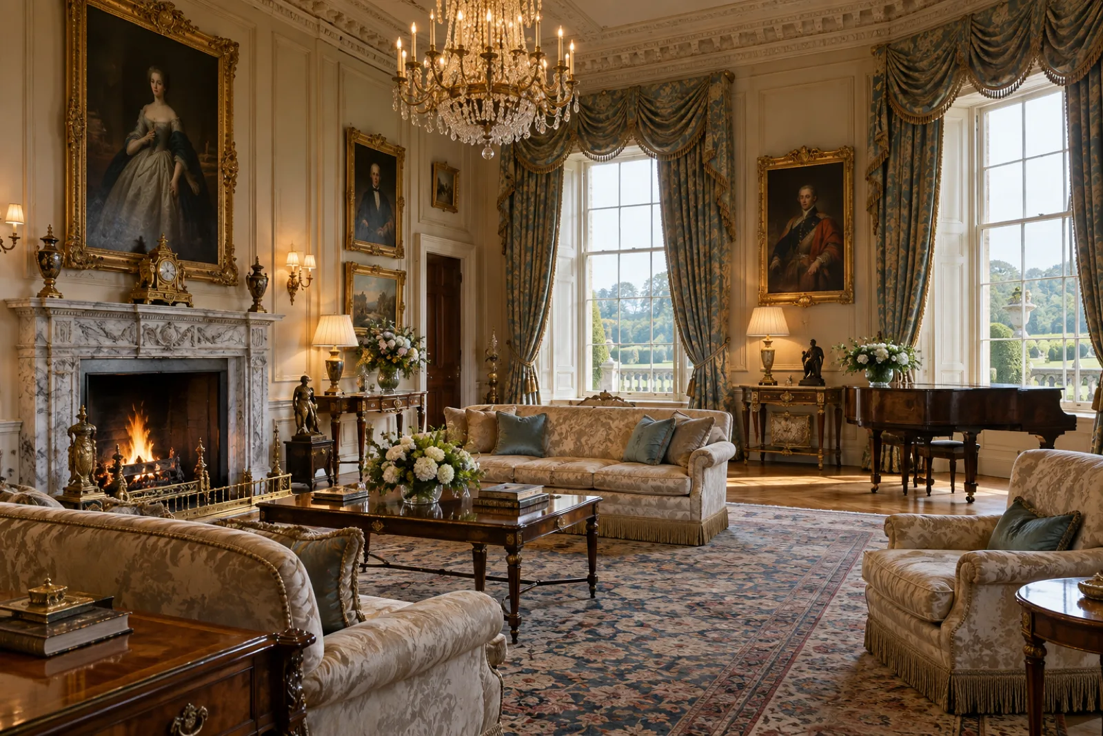 An opulent formal drawing room with gilt-framed portraits, a marble fireplace and tall damask-curtained windows