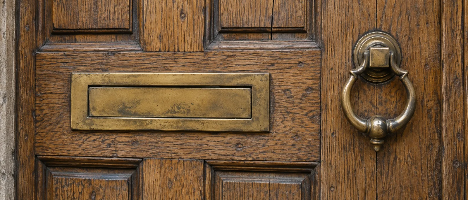 A brass letterbox and doorknocker on a weathered oak front door