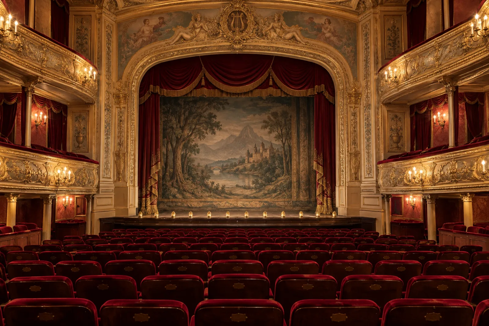 An ornate small Victorian theatre interior with a painted proscelium arch, red velvet seating and gilded balcony